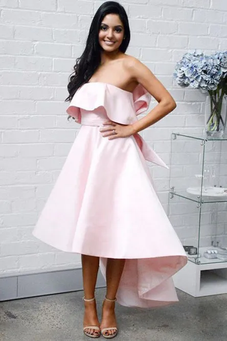 A-Line Strapless Hi-Low Pink Bridesmaid Dress with Bowknot Ruffles OHS057