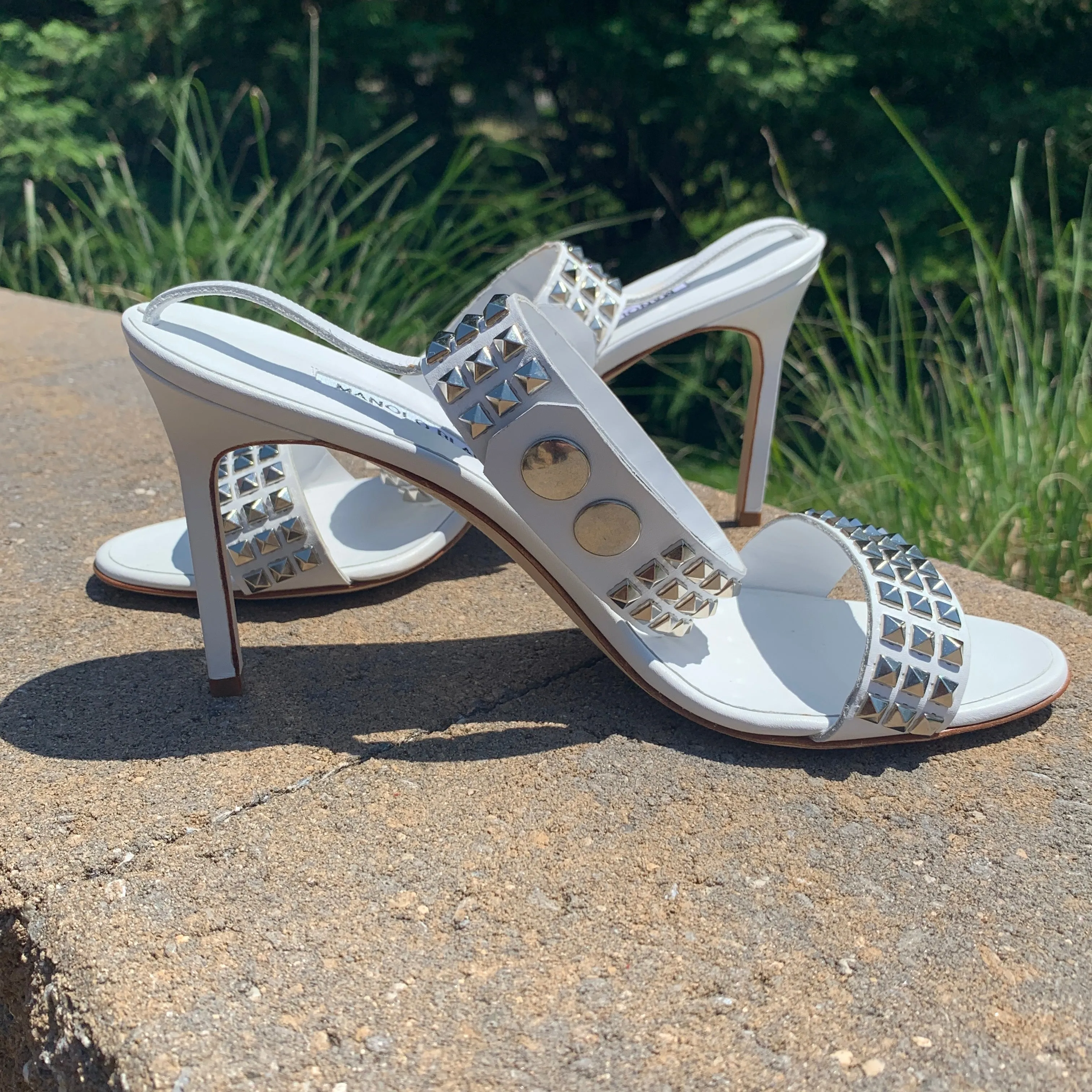 Manolo Blahnik Rocco Studded-toe Heeled Sandal in White