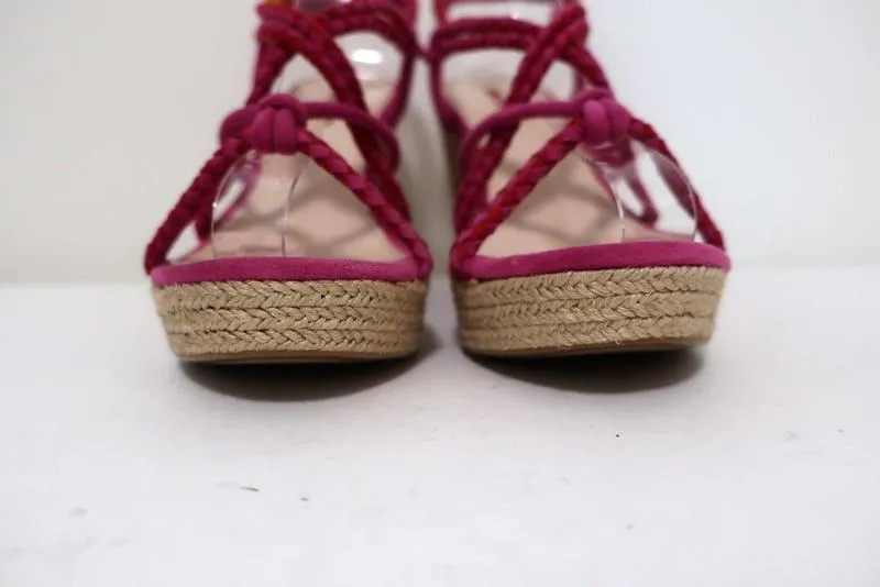 Prada Cork Wedge Sandals Pink/Red Braided Suede Size 40.5 Platform Slingback NEW