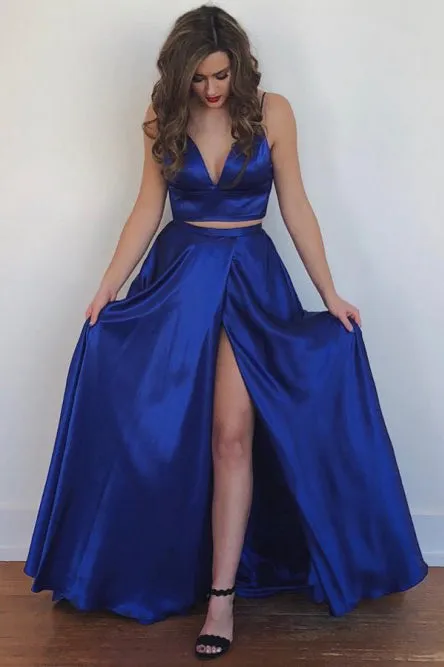 Two Piece Spaghetti Straps Backless Royal Blue Long Prom Dress with Split Pockets OHC001
