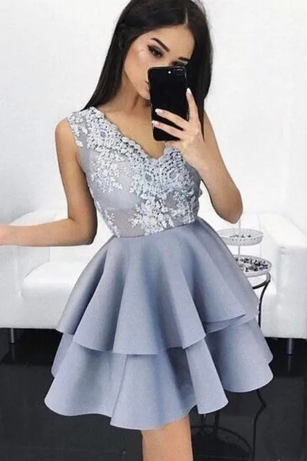 V-neck Lace Applique Satin Sleeveless Layer Homecoming Dress OHM037