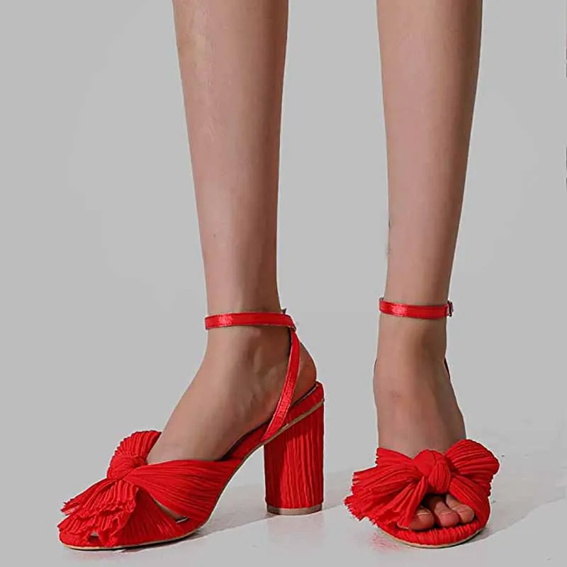 Women's Bow Knot Heeled Sandals Bridal Wedding Open Toe Ankle Strap Chunky Heels