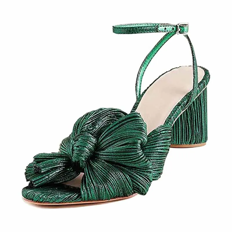 Women's Bow Knot Heeled Sandals Bridal Wedding Open Toe Ankle Strap Chunky Heels