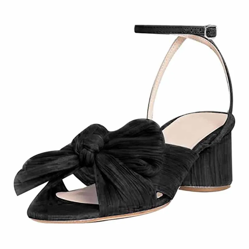 Women's Bow Knot Heeled Sandals Bridal Wedding Open Toe Ankle Strap Chunky Heels