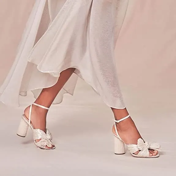 Women's Bow Knot Heeled Sandals Bridal Wedding Open Toe Ankle Strap Chunky Heels