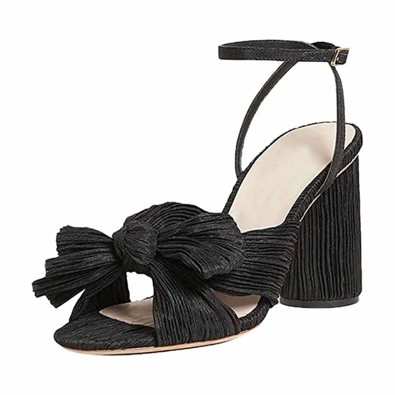 Women's Bow Knot Heeled Sandals Bridal Wedding Open Toe Ankle Strap Chunky Heels