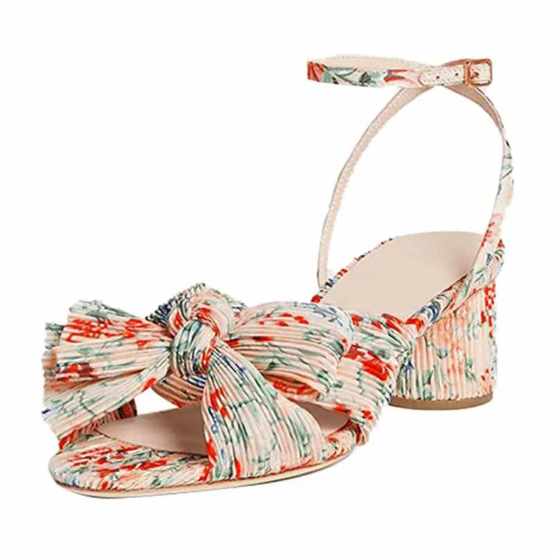 Women's Bow Knot Heeled Sandals Bridal Wedding Open Toe Ankle Strap Chunky Heels