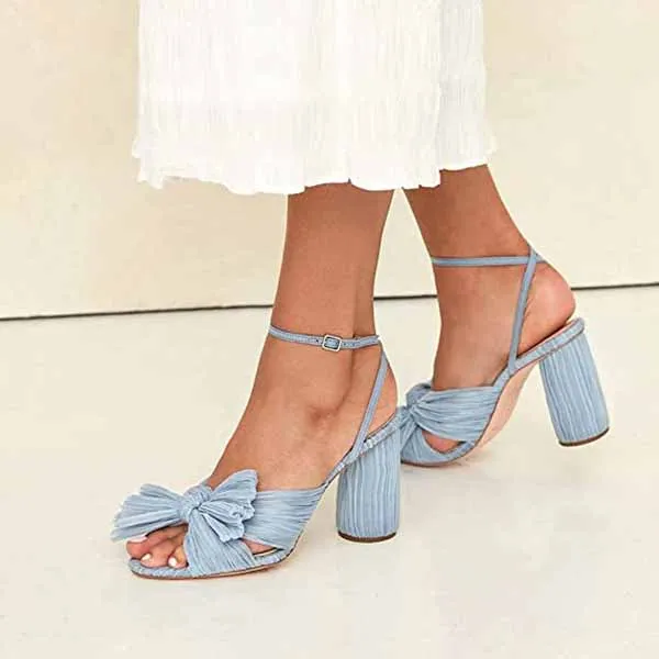 Women's Bow Knot Heeled Sandals Bridal Wedding Open Toe Ankle Strap Chunky Heels