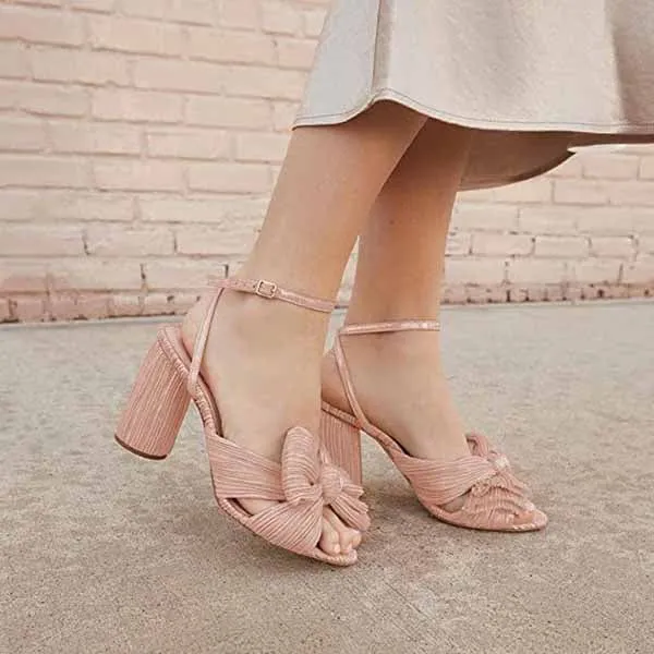 Women's Bow Knot Heeled Sandals Bridal Wedding Open Toe Ankle Strap Chunky Heels