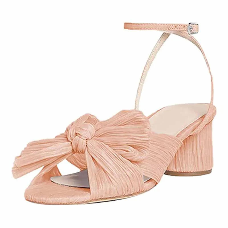 Women's Bow Knot Heeled Sandals Bridal Wedding Open Toe Ankle Strap Chunky Heels