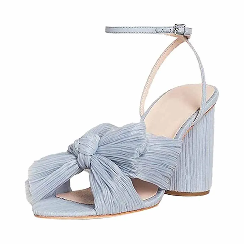 Women's Bow Knot Heeled Sandals Bridal Wedding Open Toe Ankle Strap Chunky Heels