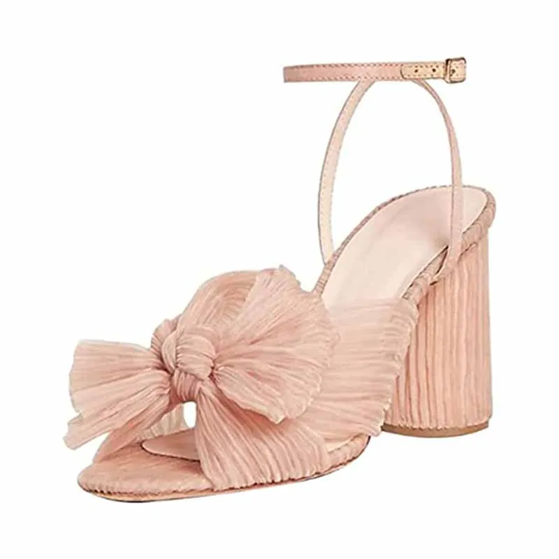 Women's Bow Knot Heeled Sandals Bridal Wedding Open Toe Ankle Strap Chunky Heels